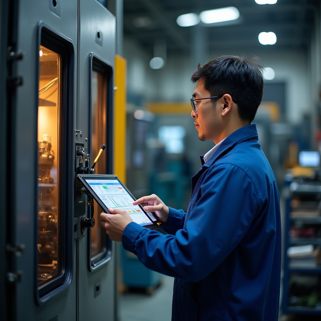Technician performing maintenance check on industrial manufacturing equipment