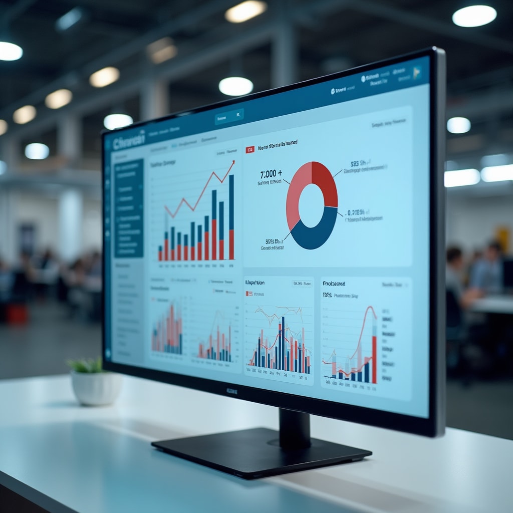 Modern manufacturing analytics dashboard showing real-time production metrics and quality data visualization