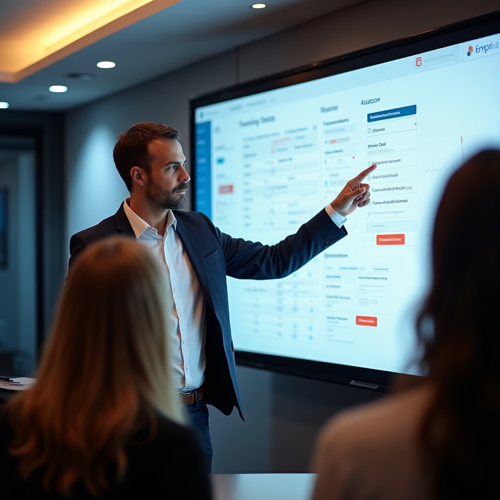 Instructor demonstrating basic platform navigation on large screen to attentive training participants