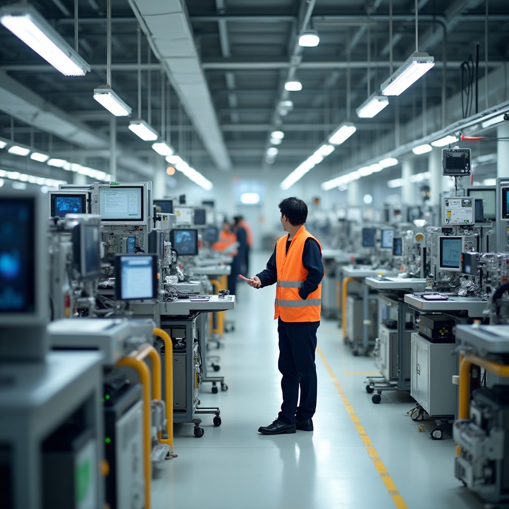 Modern production floor with digital monitoring systems and quality control stations