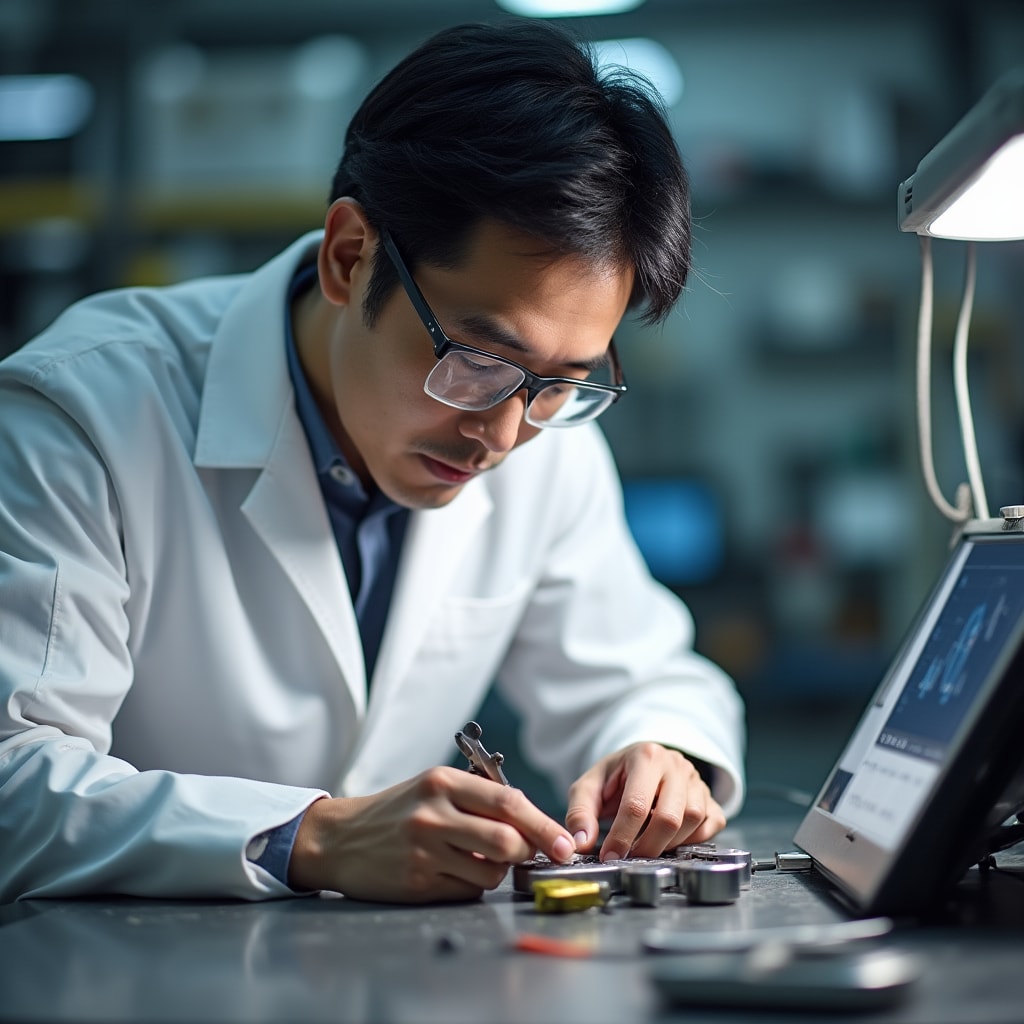 Quality control inspector examining manufactured parts with digital measurement tools