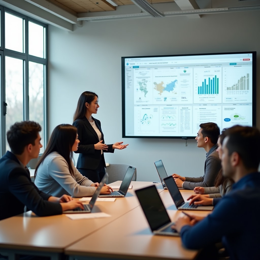 Professional training session with instructor teaching manufacturing analytics to engaged participants